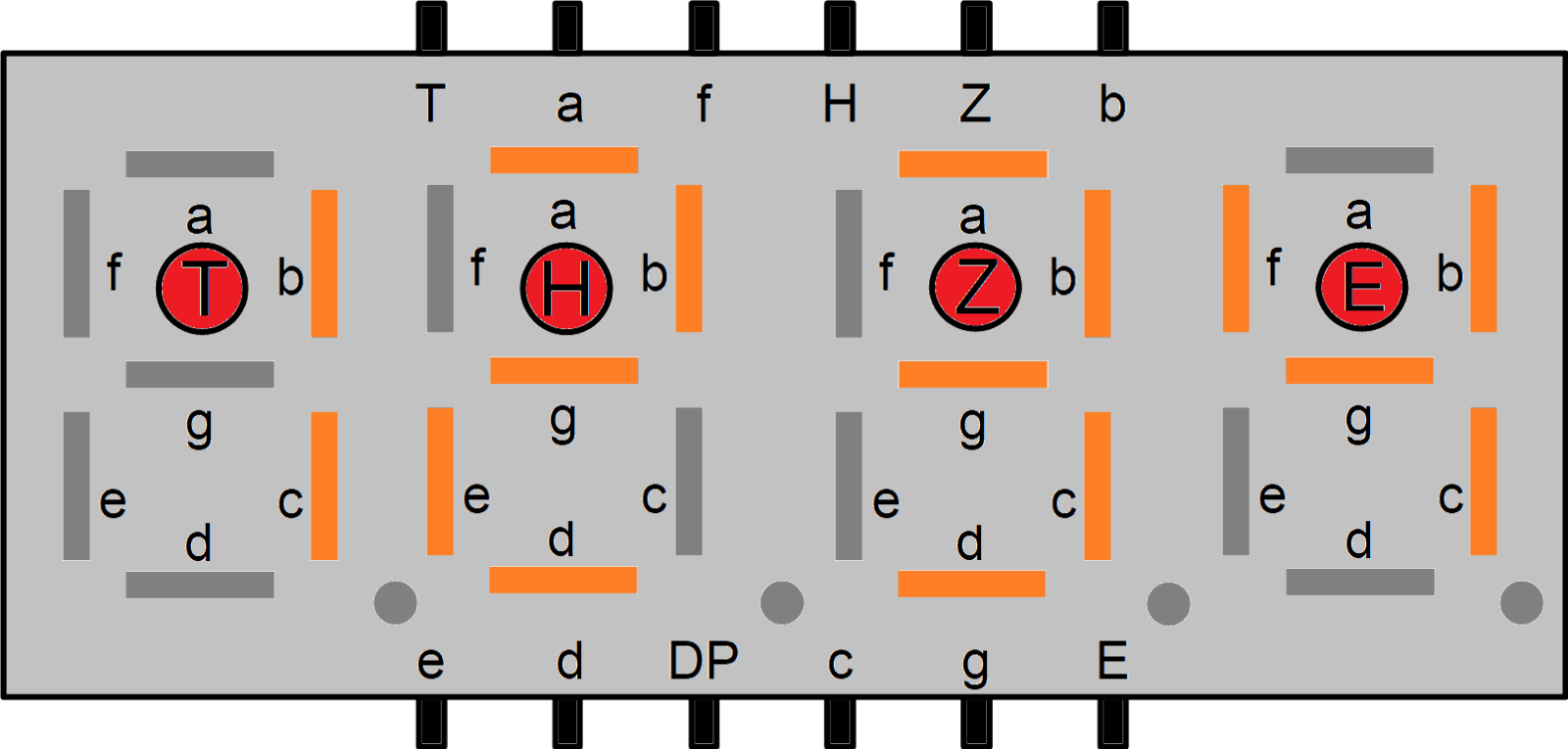 Anschlussbelegung 4x7-Segmentdisplay