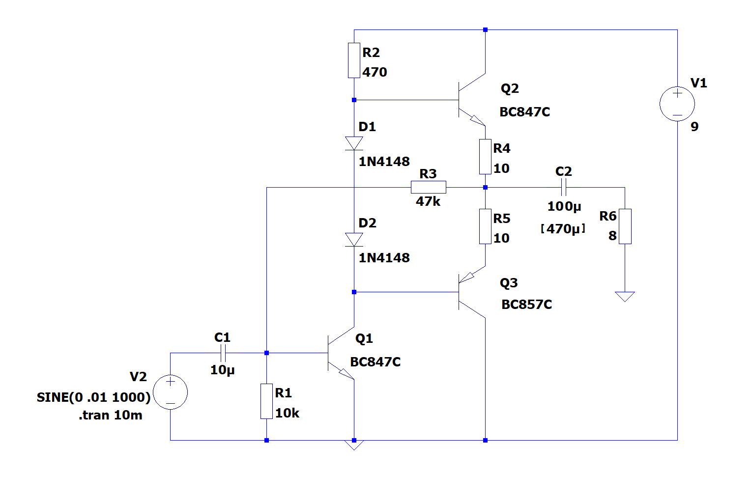 Schaltbild eines Audioverstärkers mit Gegentaktendstufe