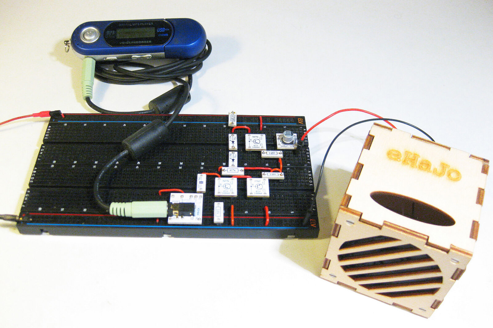 Gesamtsystem mit MP3-Audioquelle und Mini-Lautsprecherbox