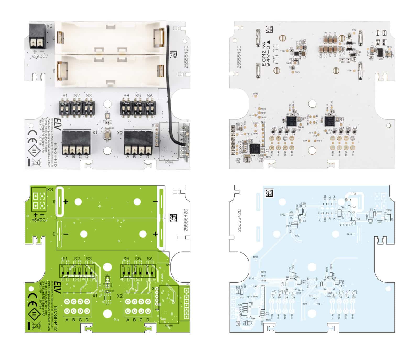 Bild 9: Platine und Bestückungsdruck des ELV-SH-PTI2 von oben und unten