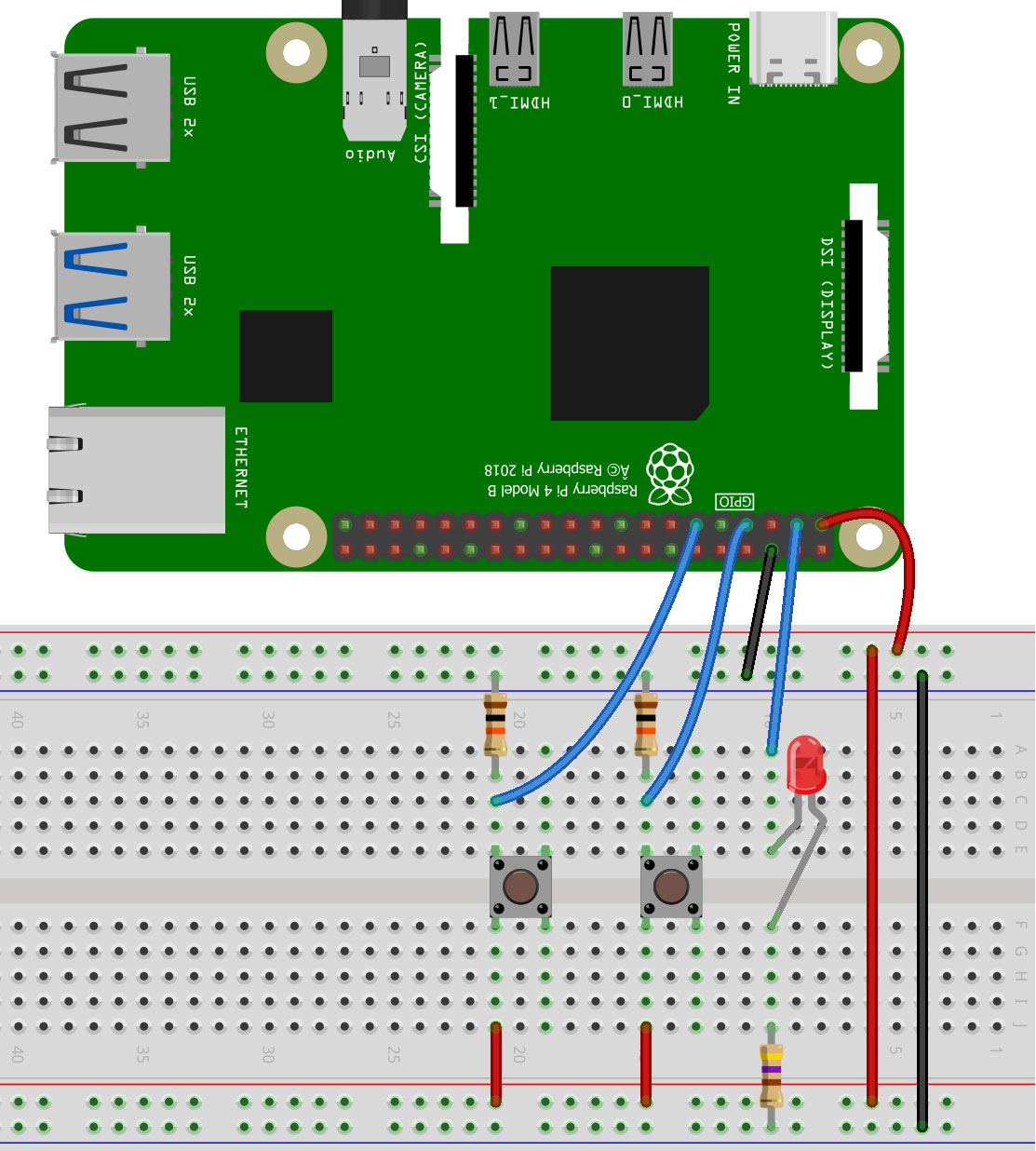 Schaltbild einer Gatterfunktion mit dem Raspberry Pi