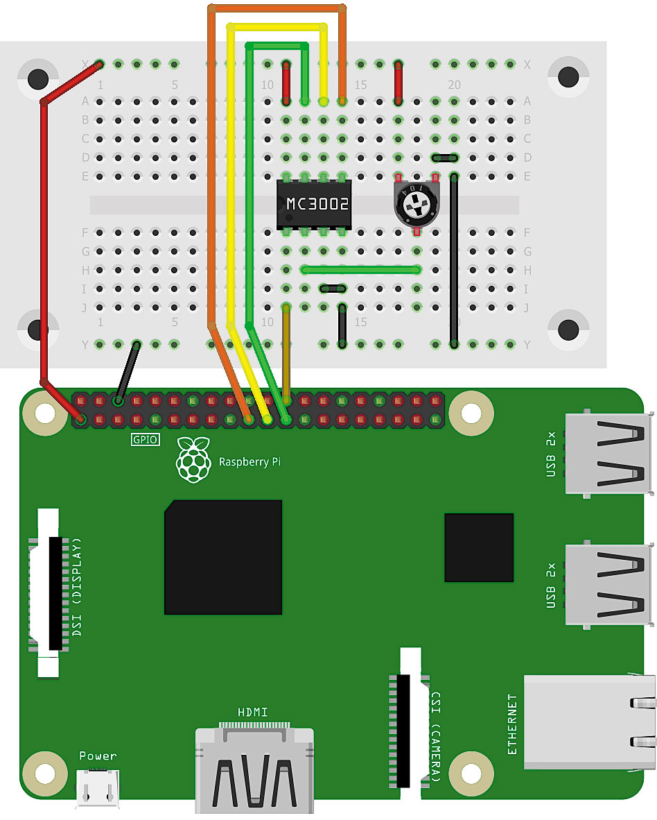 Schaltbild zum MCP3002 am Raspberry Pi