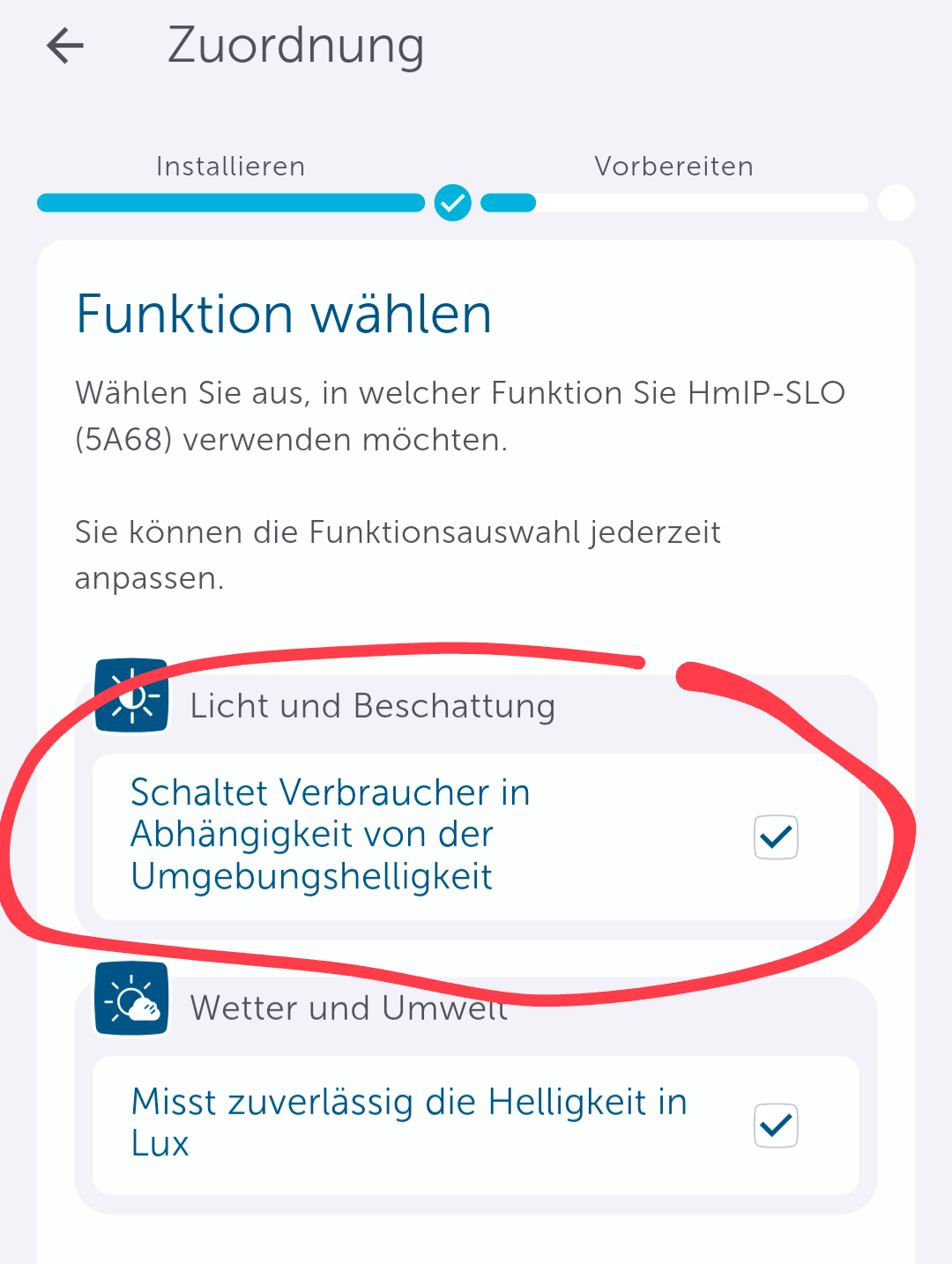 Homematic IP Screenshot "Funktion wählen"