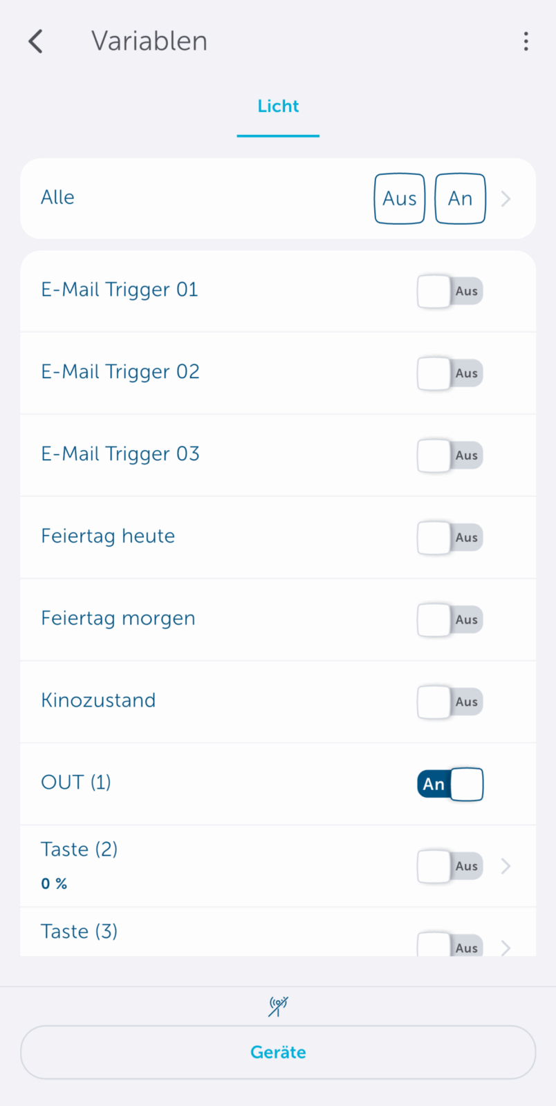 Bild 4: Virtuelle Schalter in der Homematic IP App zum Versand der E-Mail-Vorlagen