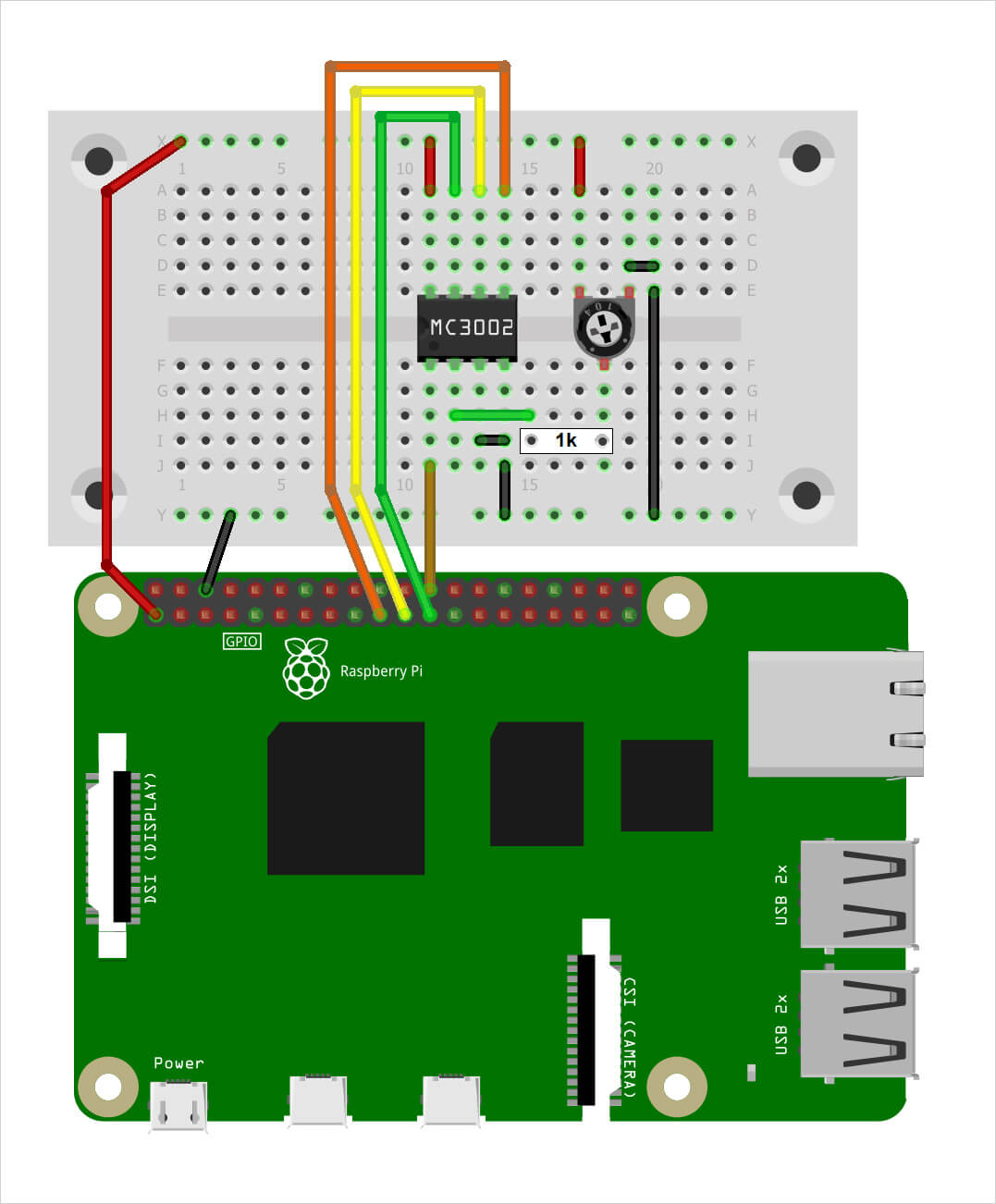 Bild 1: MCP3002 am Raspberry Pi