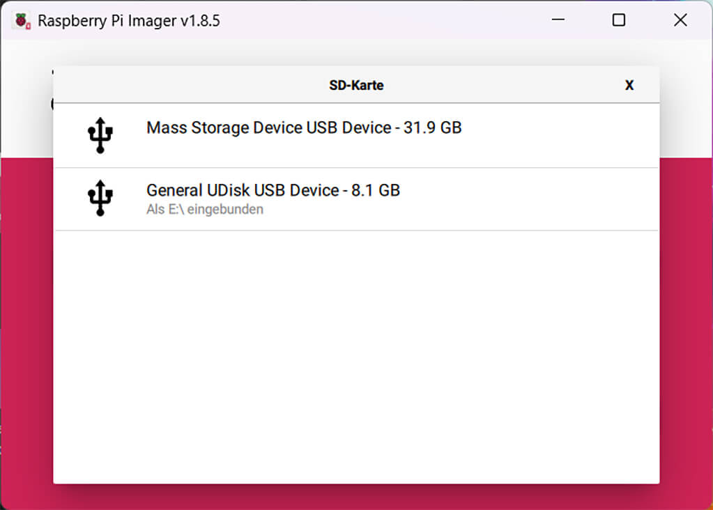 4. Wählen Sie als Speicherort die SD-Karte. Wichtig: Achten Sie dabei auf die korrekte Auswahl, da hier alle angeschlossenen USB-Sticks aufgeführt werden.
