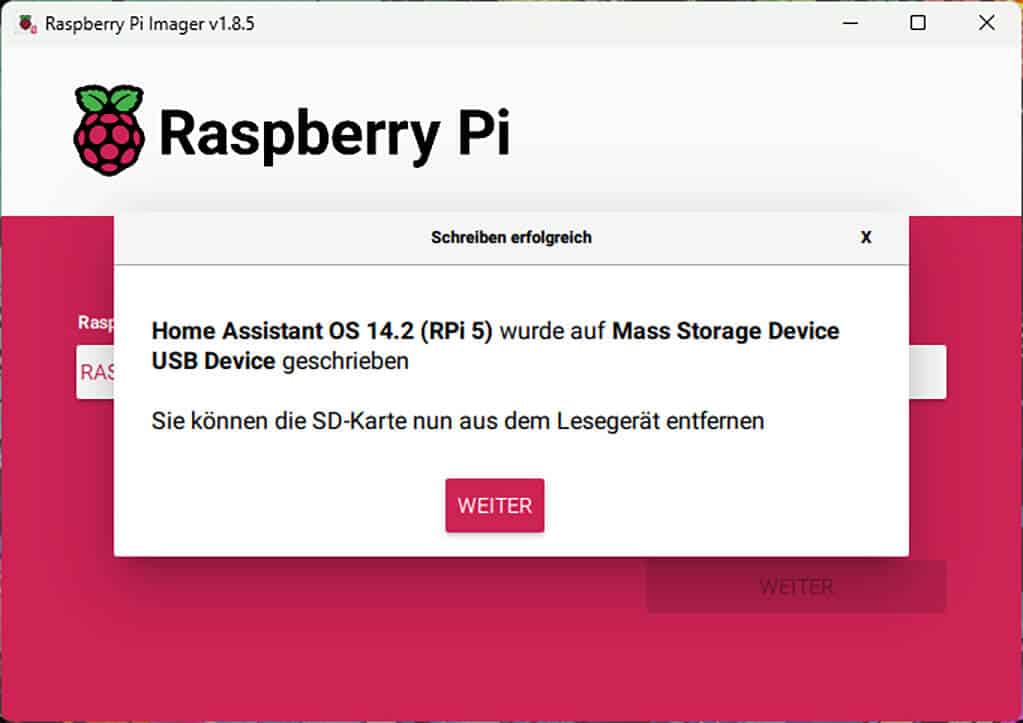 7. Nach erfolgter Verifizierung der geschriebenen Daten beenden Sie die Installation mit „Weiter".