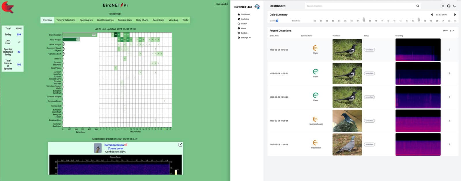 Bild 1: Links die UI von BirdNET-Pi und rechts von BirdNET-Go