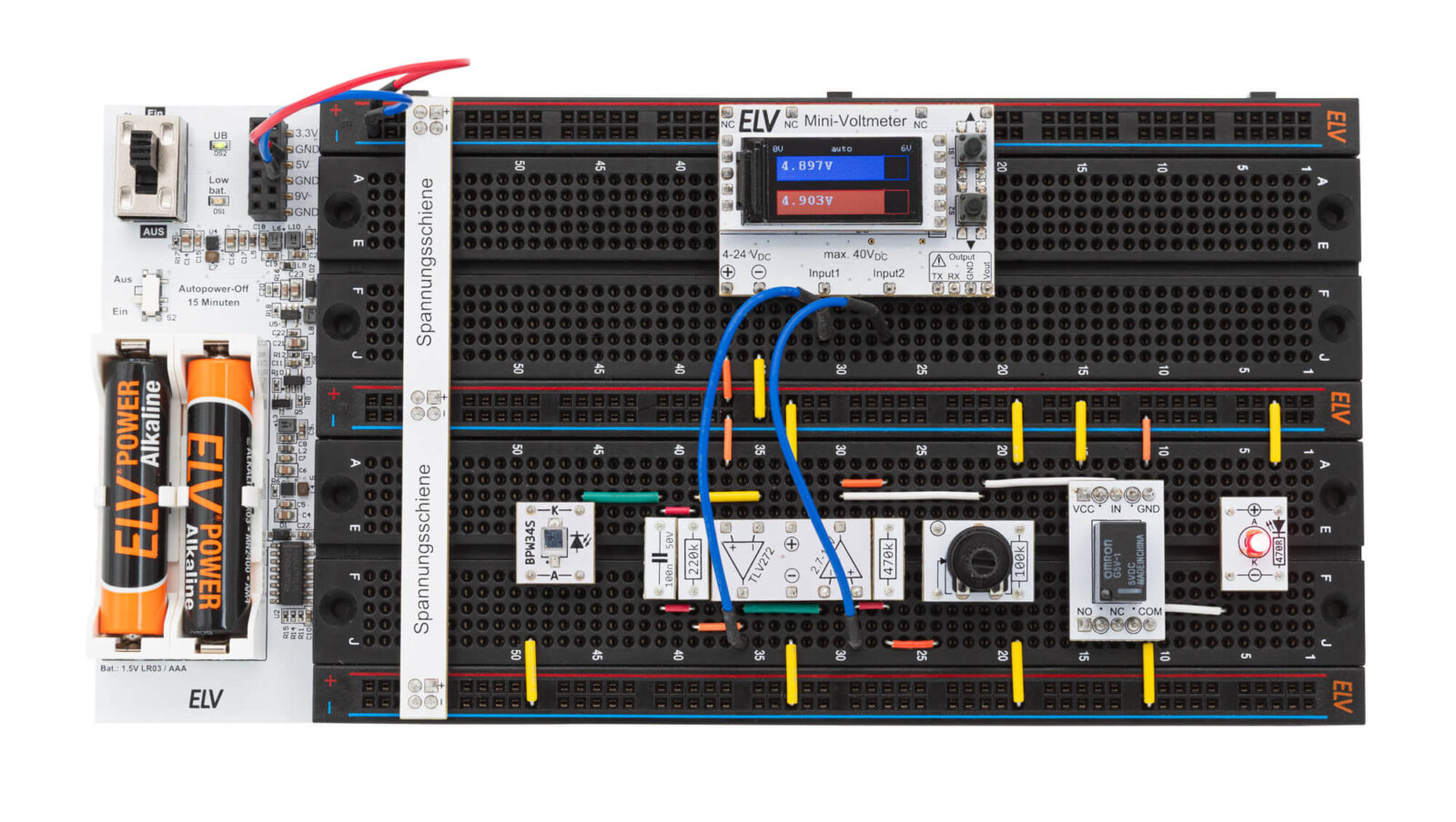 Bild 1: Beispielschaltung mit einem Mini-Voltmeter-Modul auf dem EXSB-Midi