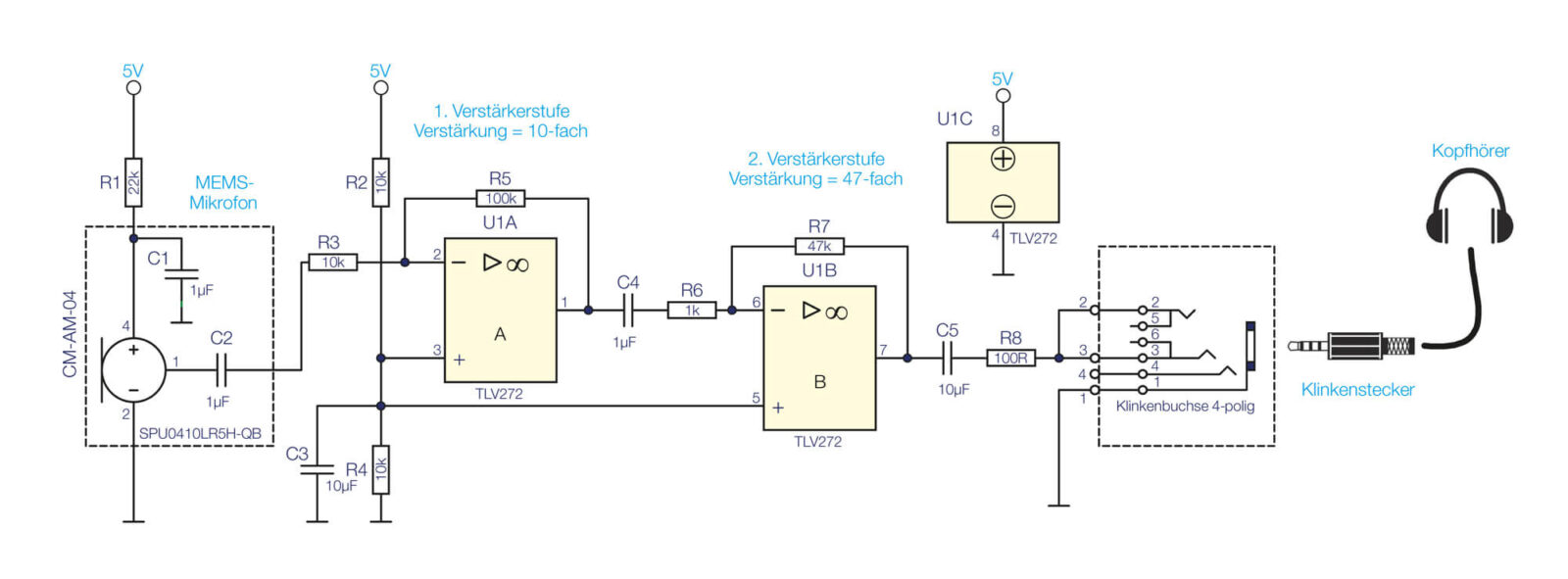 Bild 1: Schaltbild des Audioverstärkers mit MEMS-Mikrofon