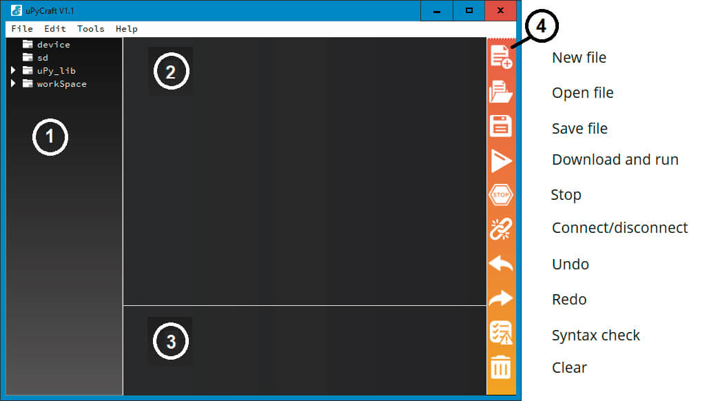 Bild 1: μPyCraft-IDE (Beschreibung der Fenster siehe Text)