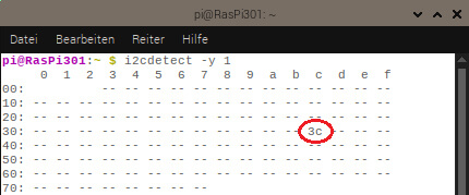 Bild 1: I2C-Komponenten an Adresse 3C erkannt!
