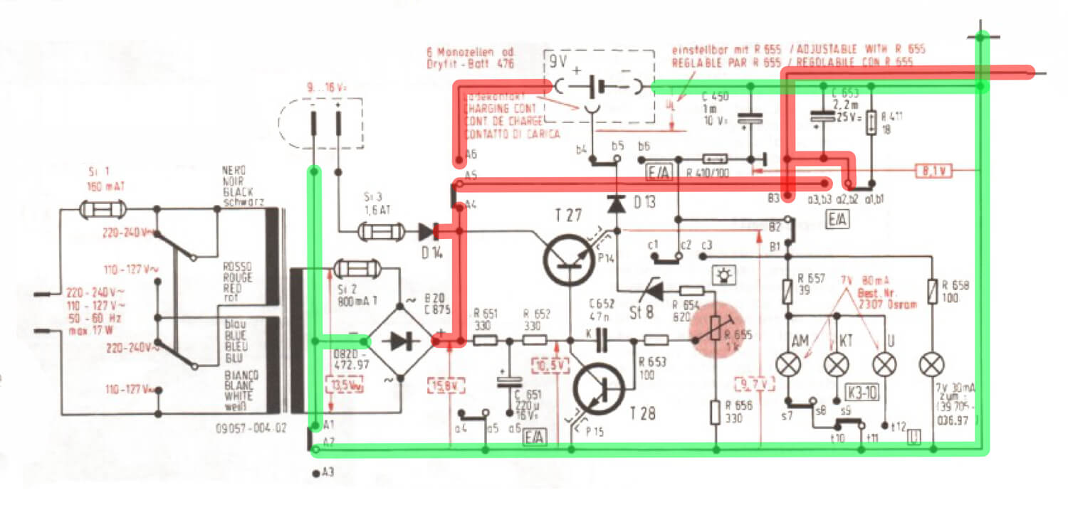 Bild 1: Schaltplan der Stromversorgung mit den verschiedenen Versorgungsoptionen, die je nach gewählter Betriebsart umgeschaltet werden.