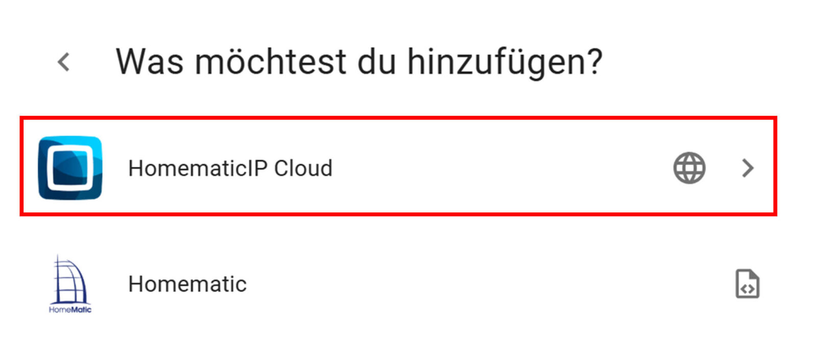 Bild 2: Homematic IP Cloud Integration wählen