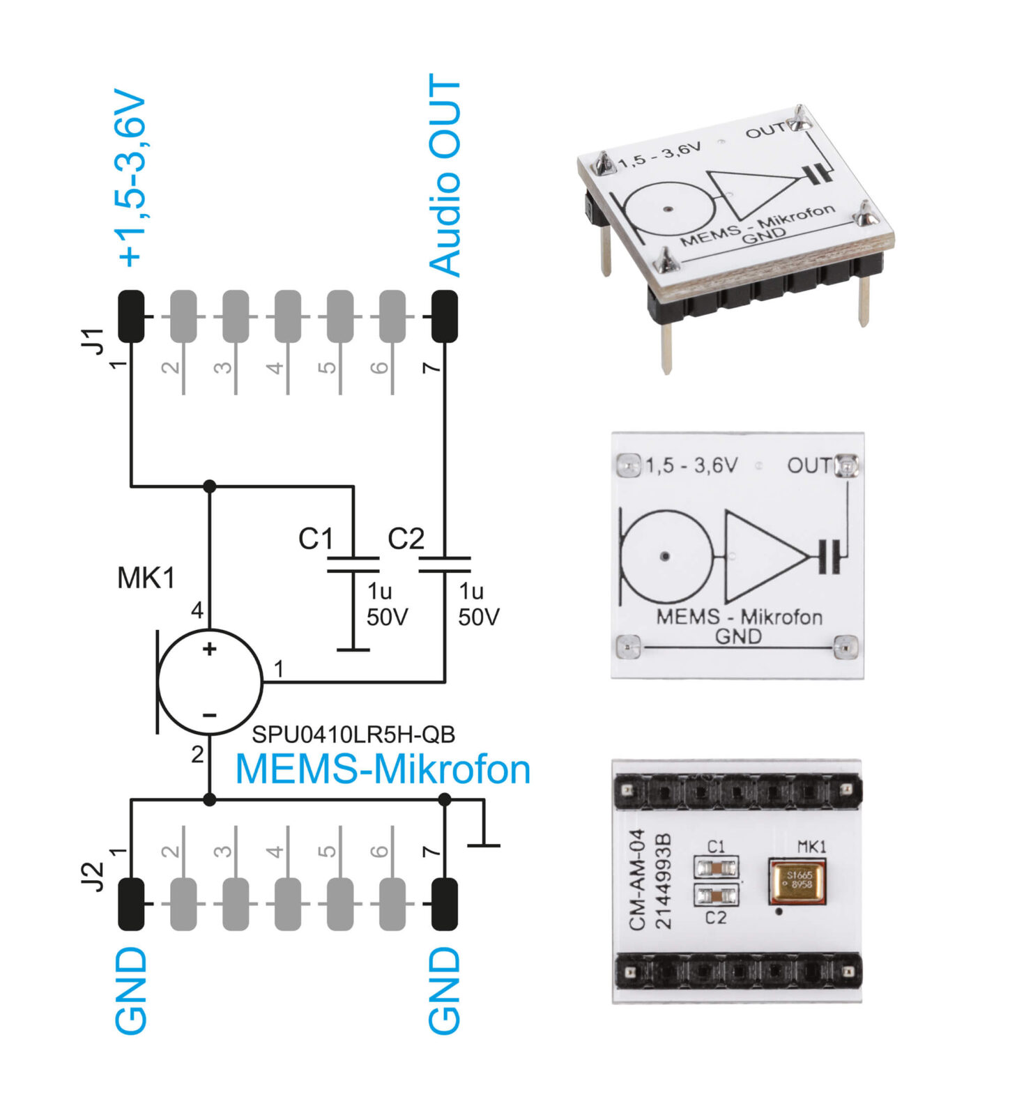 Bild 2: Schaltbild und Platine des MEMS-Mikrofons