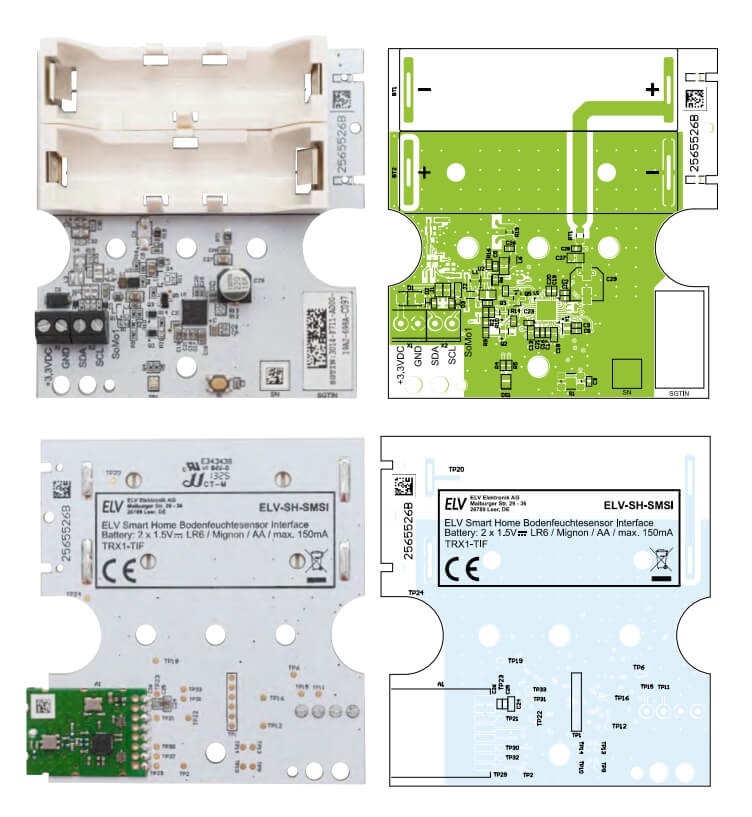 Bild 2: Platine und Bestückungsdruck des ELV-SH-SMSI von oben und unten (Abbildung verkleinert auf 74 % der Originalgröße)