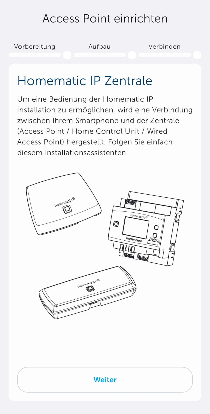 Bild 3: Ersteinrichtung der HCU1 mit der Homematic IP App