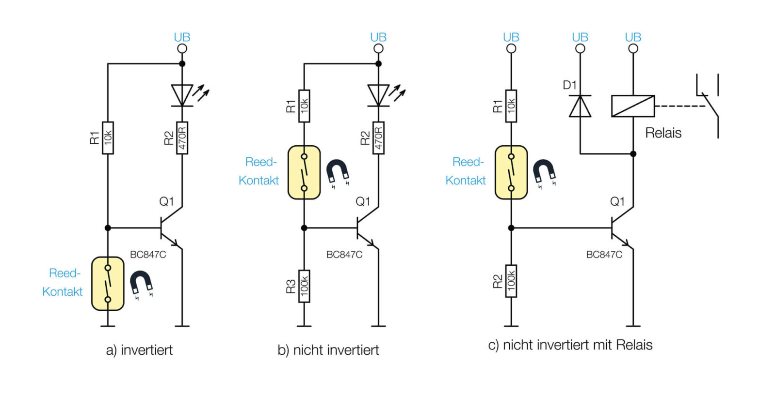 Bild 3: Schaltungsbeispiele für die Auswertung eines Reed-Kontakts