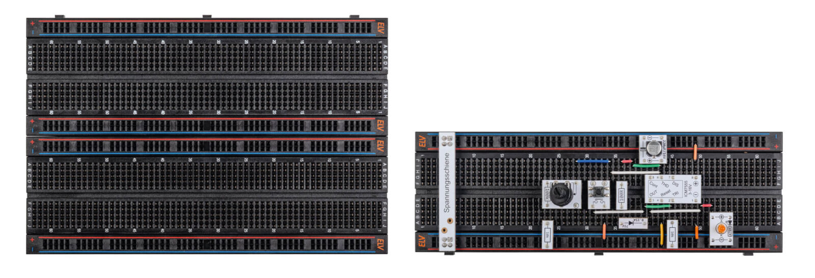 Bild 3: links: Kombinierte Steckboards; rechts: Schaltung auf einem Steckboard