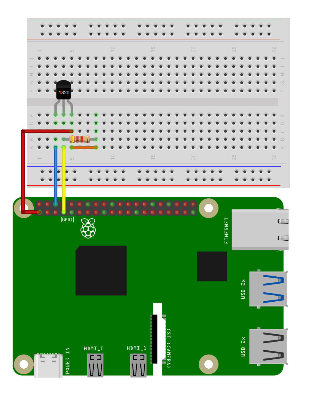 Bild 2: DS18B20-Temperatursensor am Raspberry Pi