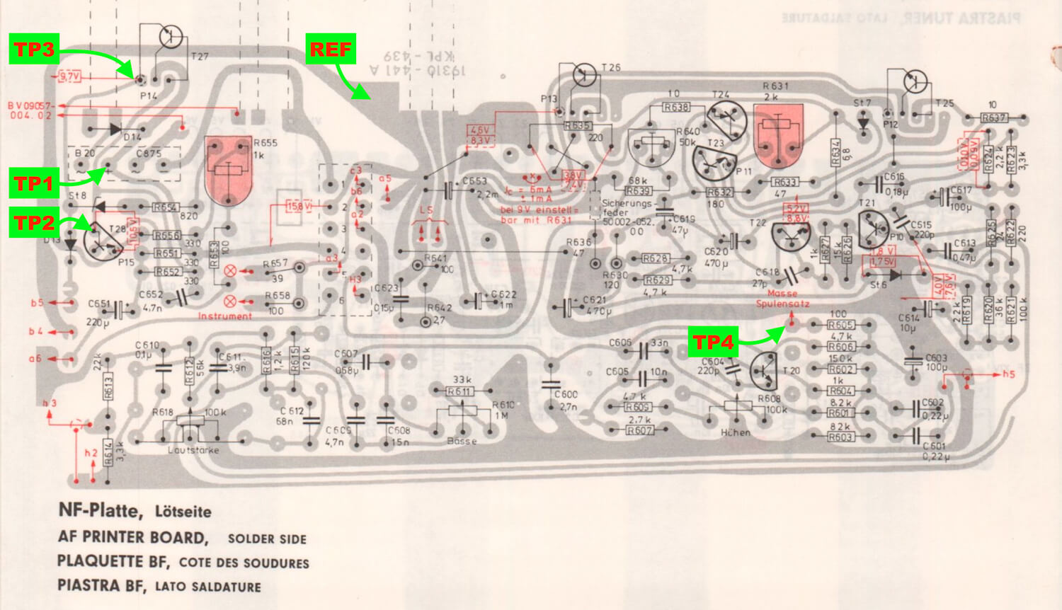 Bild 3: Die Bauteile der Stromversorgung befinden sich größtenteils auf der NF-Platine; die Positionen sind deutlich gekennzeichnet.