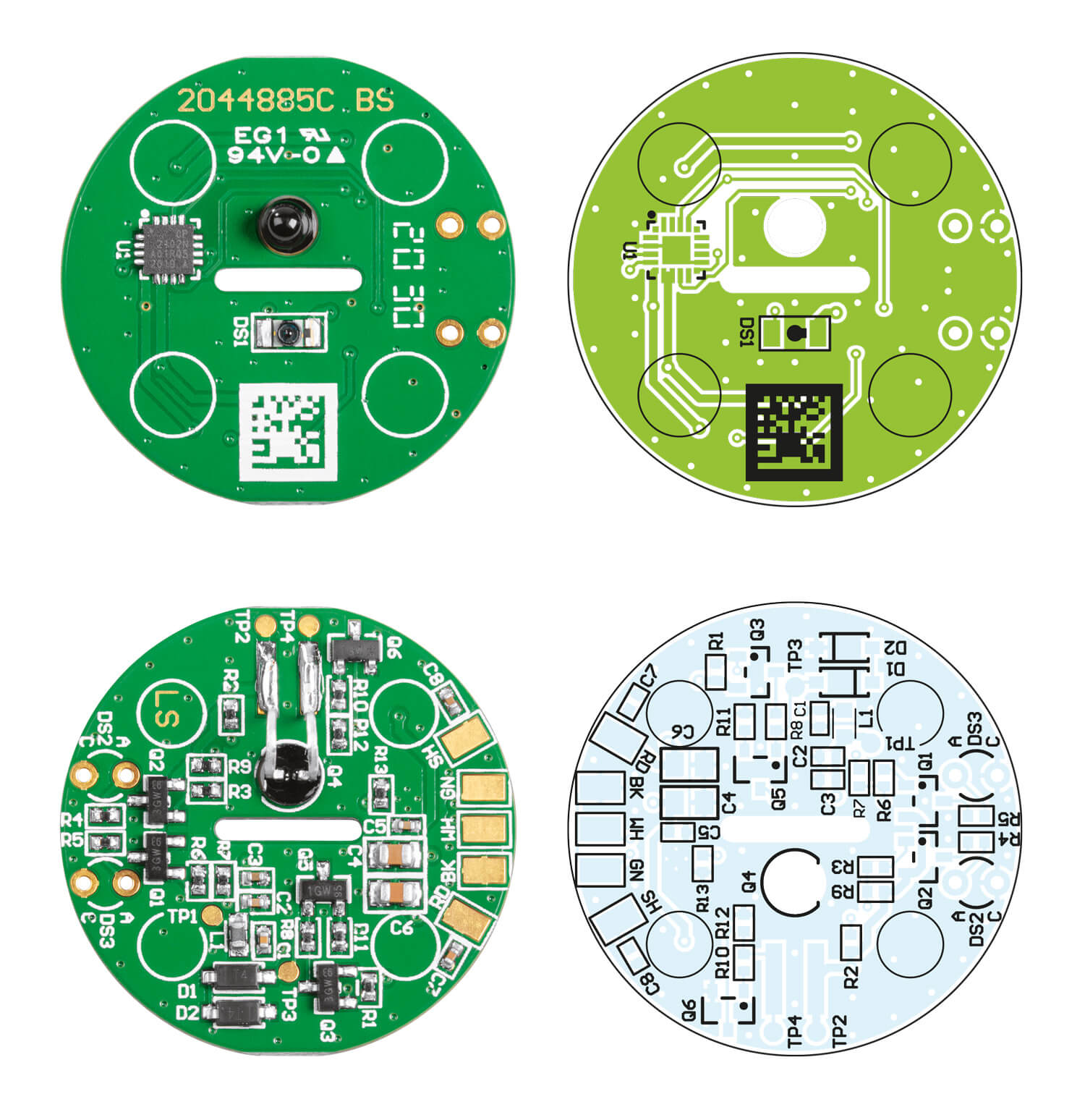 Bild 3: Der Bestückungsplan der Platine und die zugehörigen Platinenfotos der bestückten Platine des USB-IEC
