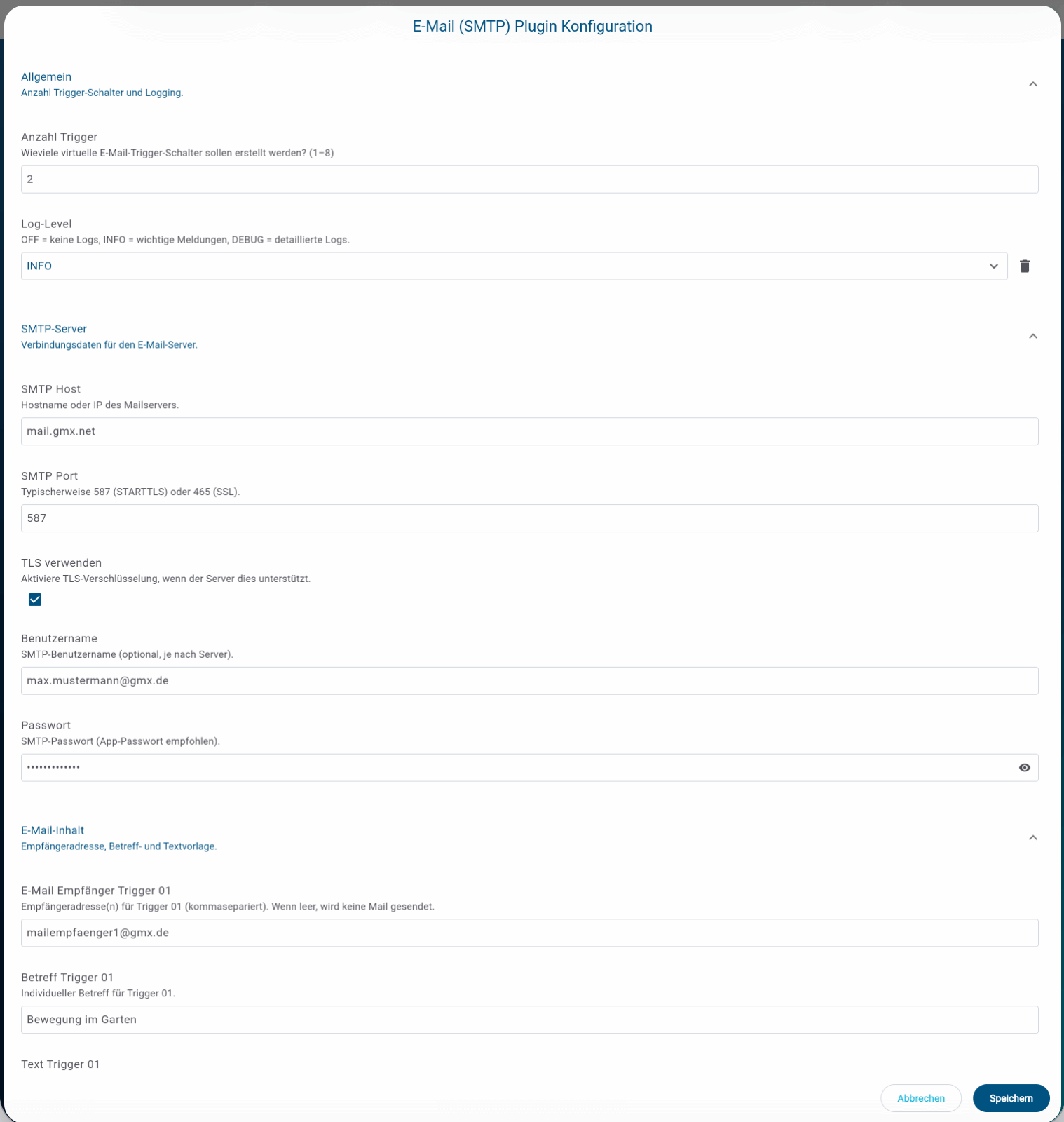 Bild 2: Konfiguration des Email-Plug-Ins (Teil 1)