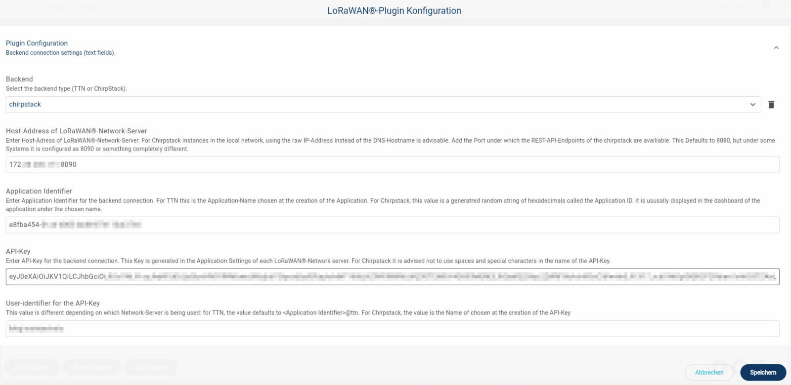 Bild 4: Das Plugin braucht zuerst die API-Zugangsdaten um die Geräteliste zu holen, hier als Beispiele für TTN und ChirpStack