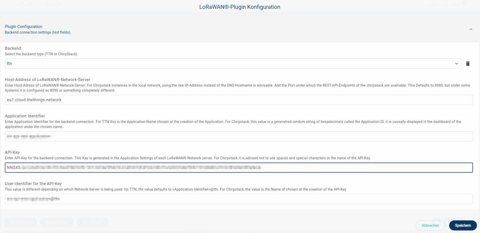 Bild 4: Das Plugin braucht zuerst die API-Zugangsdaten um die Geräteliste zu holen, hier als Beispiele für TTN und ChirpStack