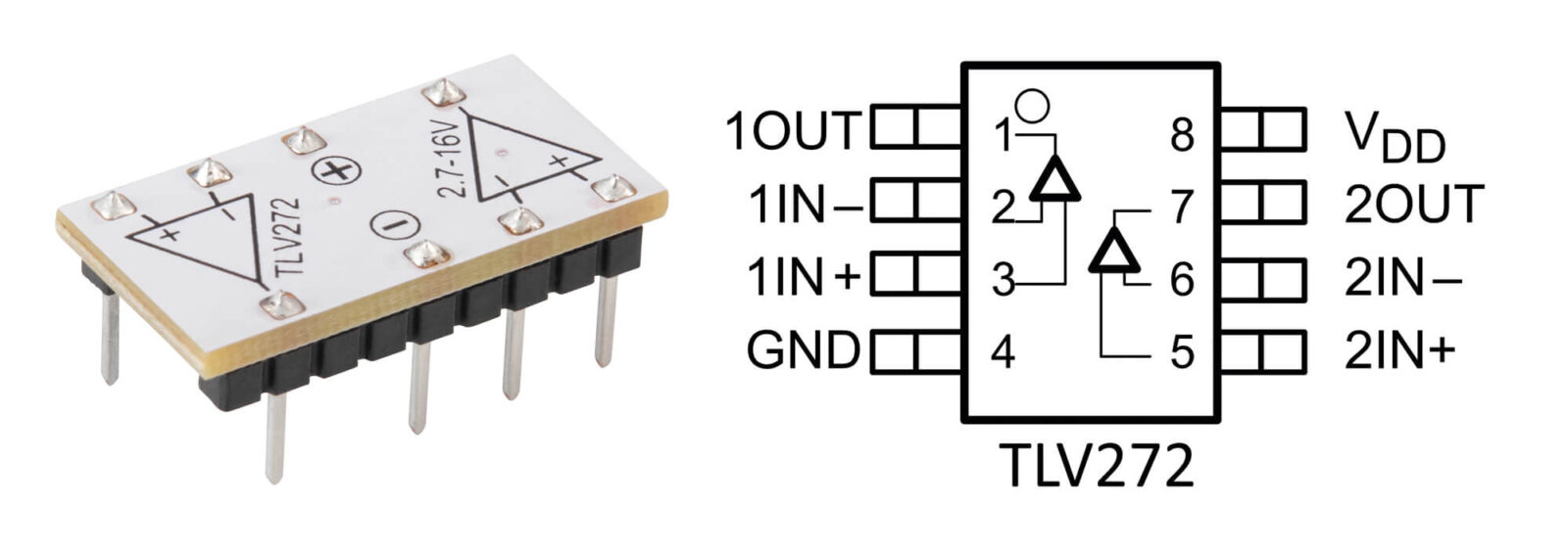 Bild 5: PAD-Modul (links), Anschlussschema TLV272 (rechts)