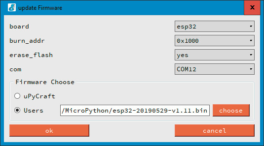 Bild 5: Die Parameter zum Flashen der Firmware