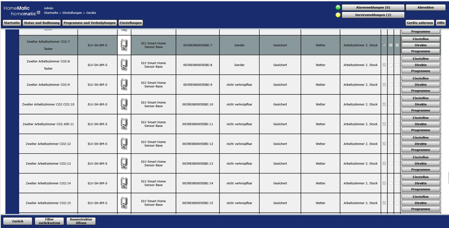 Bild 6: Vergabe der Namen für das Gerät ELV SH Sensor Base in der Homematic Oberfläche