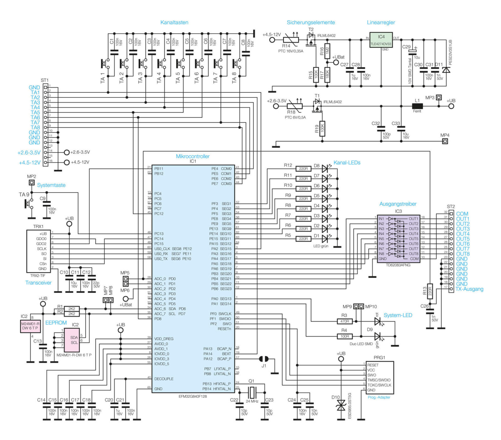 Bild 6: Schaltbild der Modulplatine Open Collector HmIP-MOD-OC8