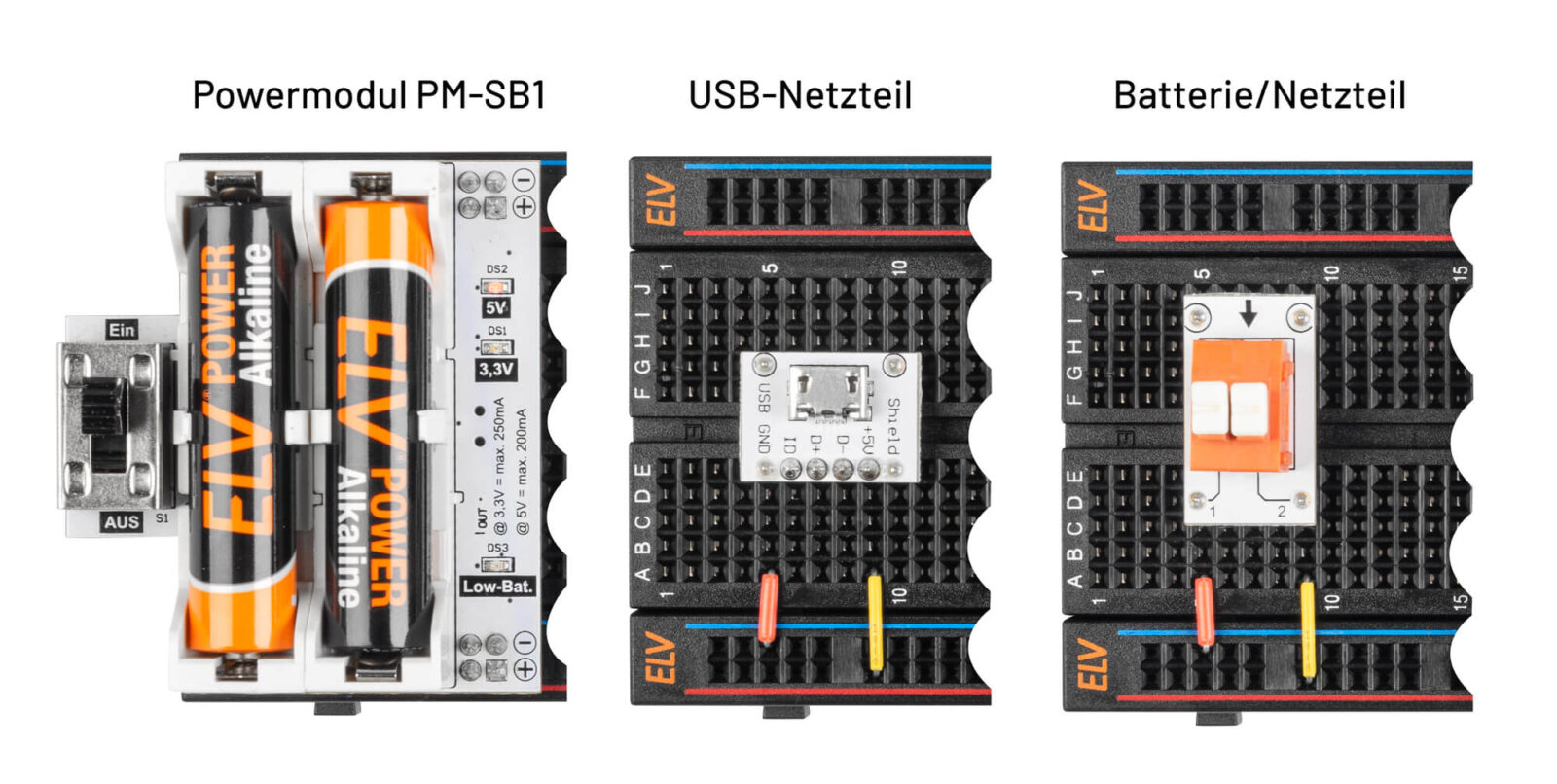 Bild 6: Unterschiedliche Varianten der Spannungsversorgung: mittels Powermodul PM-SB1, per 5-V-USB-Steckernetzteil oder einer Klemmleiste zum Anschluss an ein Labornetzteil oder eine Batterie