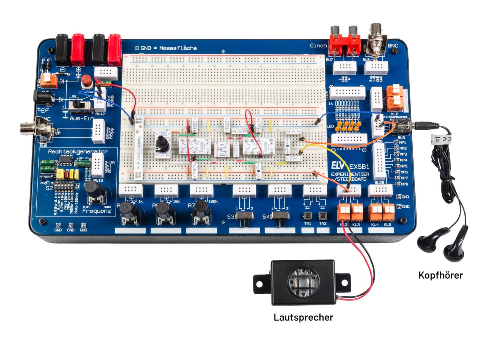 Bild 6: Aufbau der Sirenenschaltung auf einem EXSB1 mit Lautsprecher und Kopfhörer