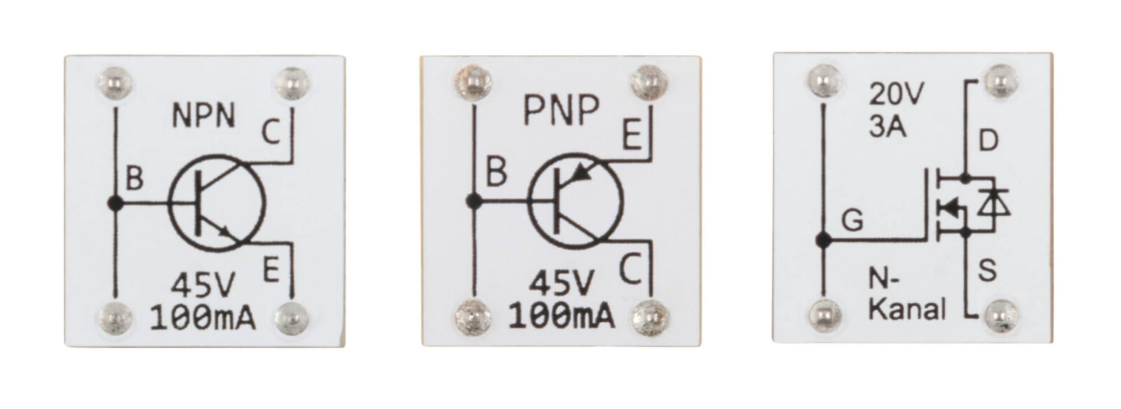 Bild 6: Die drei unterschiedlichen Transistortypen NPN, PNP und MOSFET (von links)