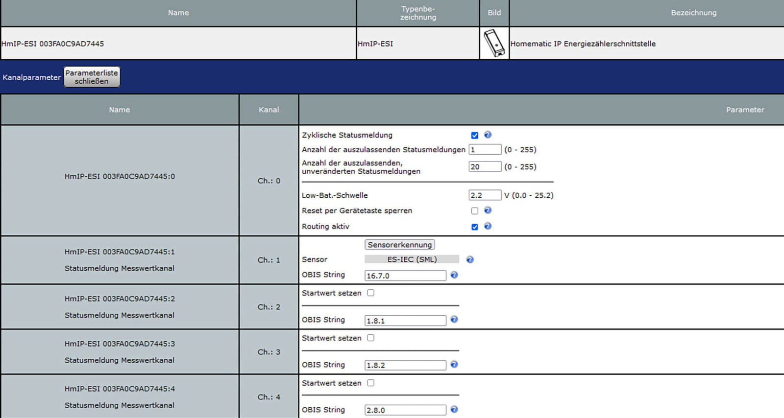 Bild 6: Einstellungen des Sensors ES-IEC an der CCU3