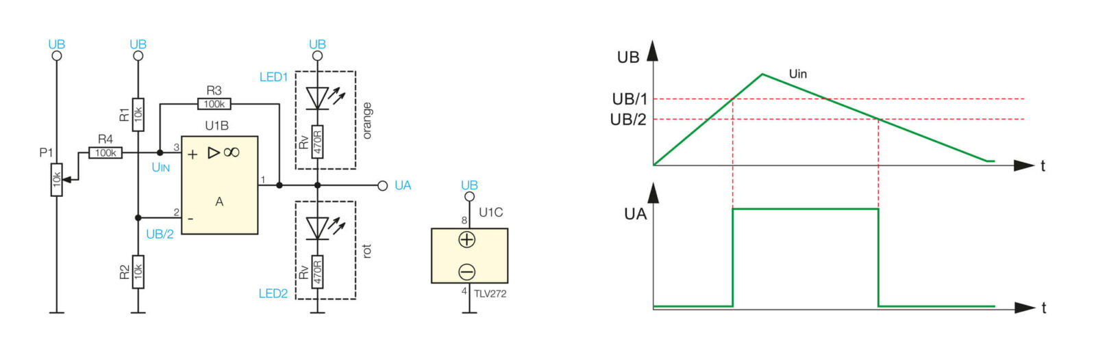 Bild 7: Grundschaltung des Komparators (invertierend) mit Hysterese