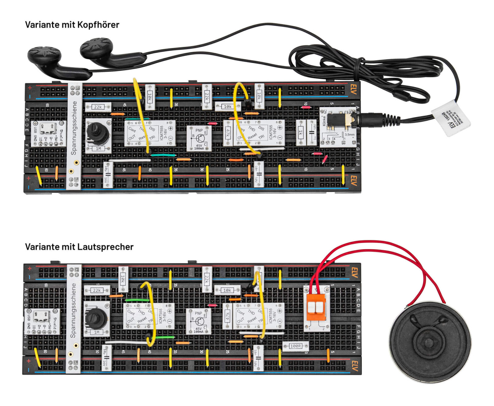 Bild 7: Beide Varianten der Sirenenschaltung auf einem klassischen Steckboard mit Lautsprecher und Kopfhörer