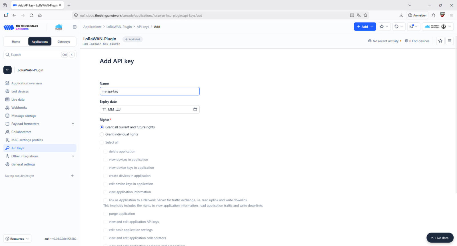 Bild 7: Der API-Key wird in der Weboberfläche der TTN-Applikation konfiguriert und generiert