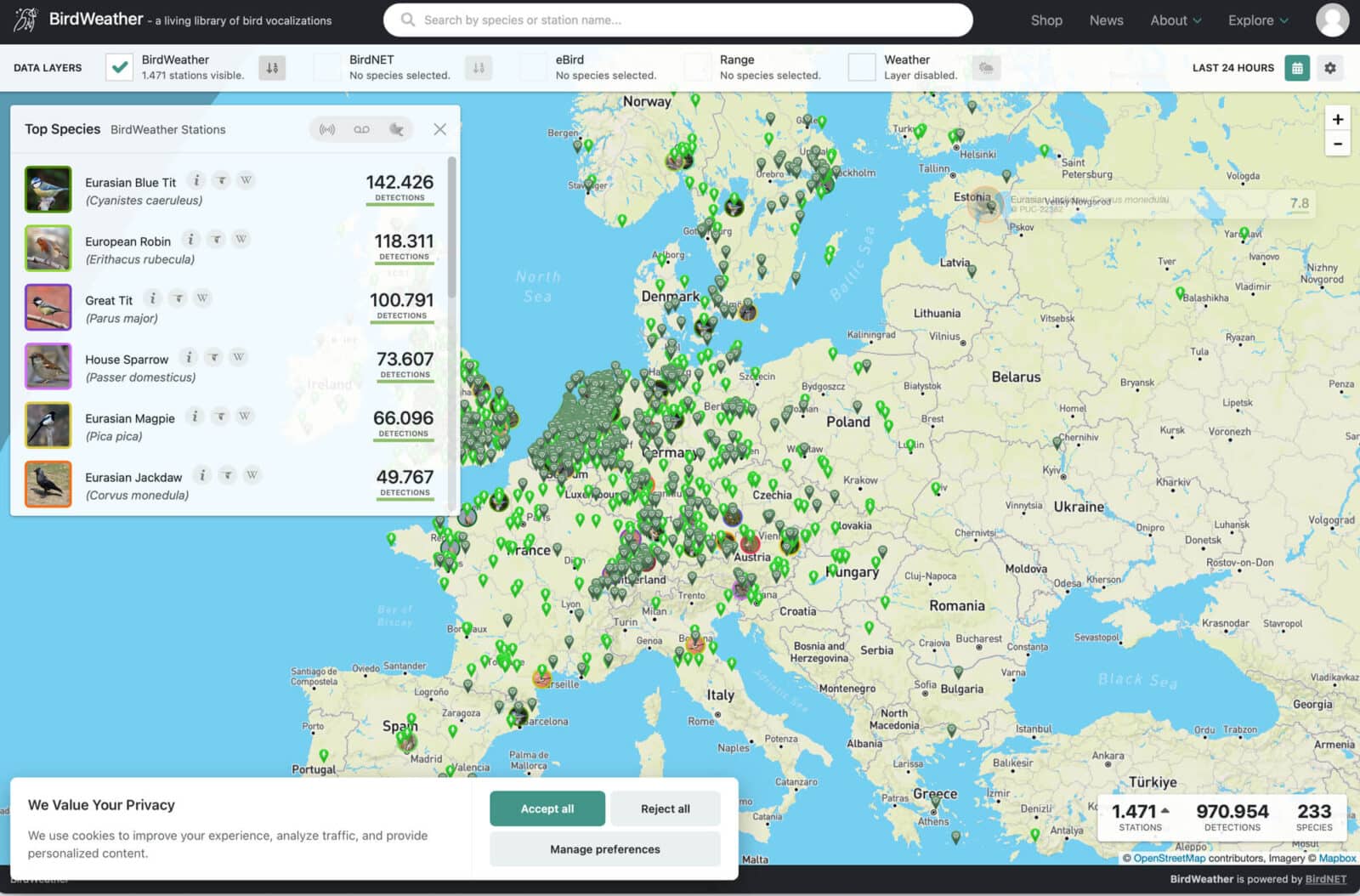 Bild 11: BirdWeather sammelt die Daten zahlreicher Stationen weltweit