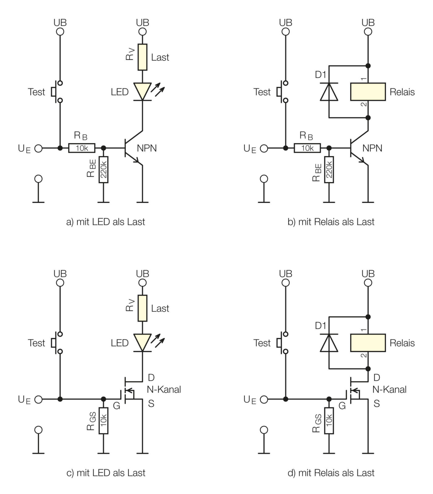 Bild 8: Grundschaltungen mit LED oder Relais als Last