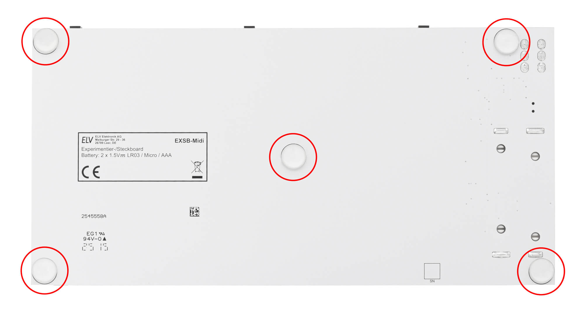 Bild 8: An den markierten Stellen werden die Klebefüße angebracht.