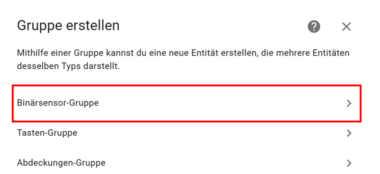 Bild 8: Binärsensor-Gruppe auswählen