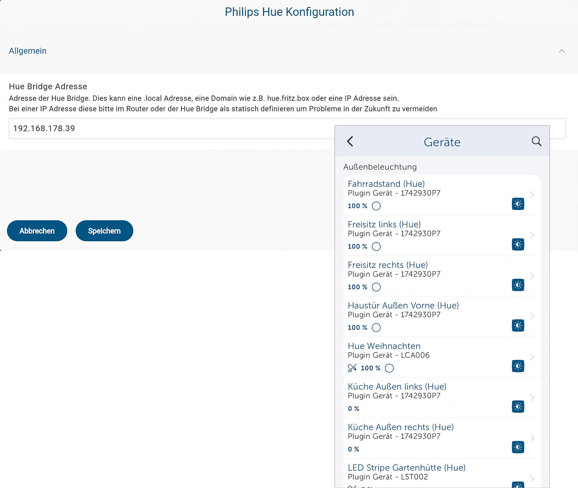 Bild 8: Konfiguration von Philips Hue sowie deren Darstellung in der App