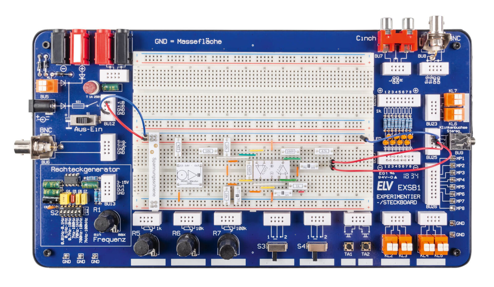 Bild 8: Audioverstärker, aufgebaut auf der Experimentierplattform EXSB1. Im oberen Bild sieht man die vergrößerte Darstellung der Verdrahtung.