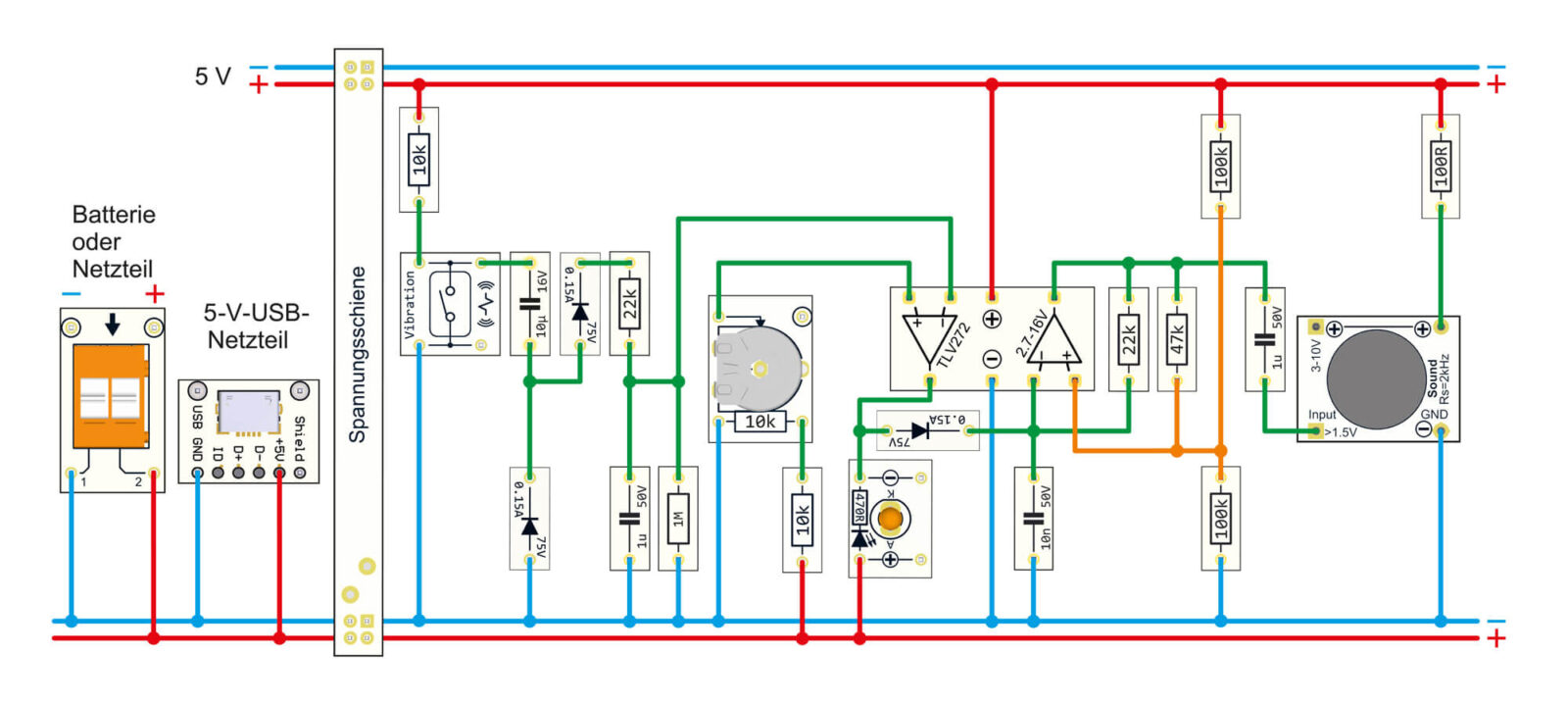 Bild 8: Verdrahtungsplan für die Alarmanlage auf einem Steckboard