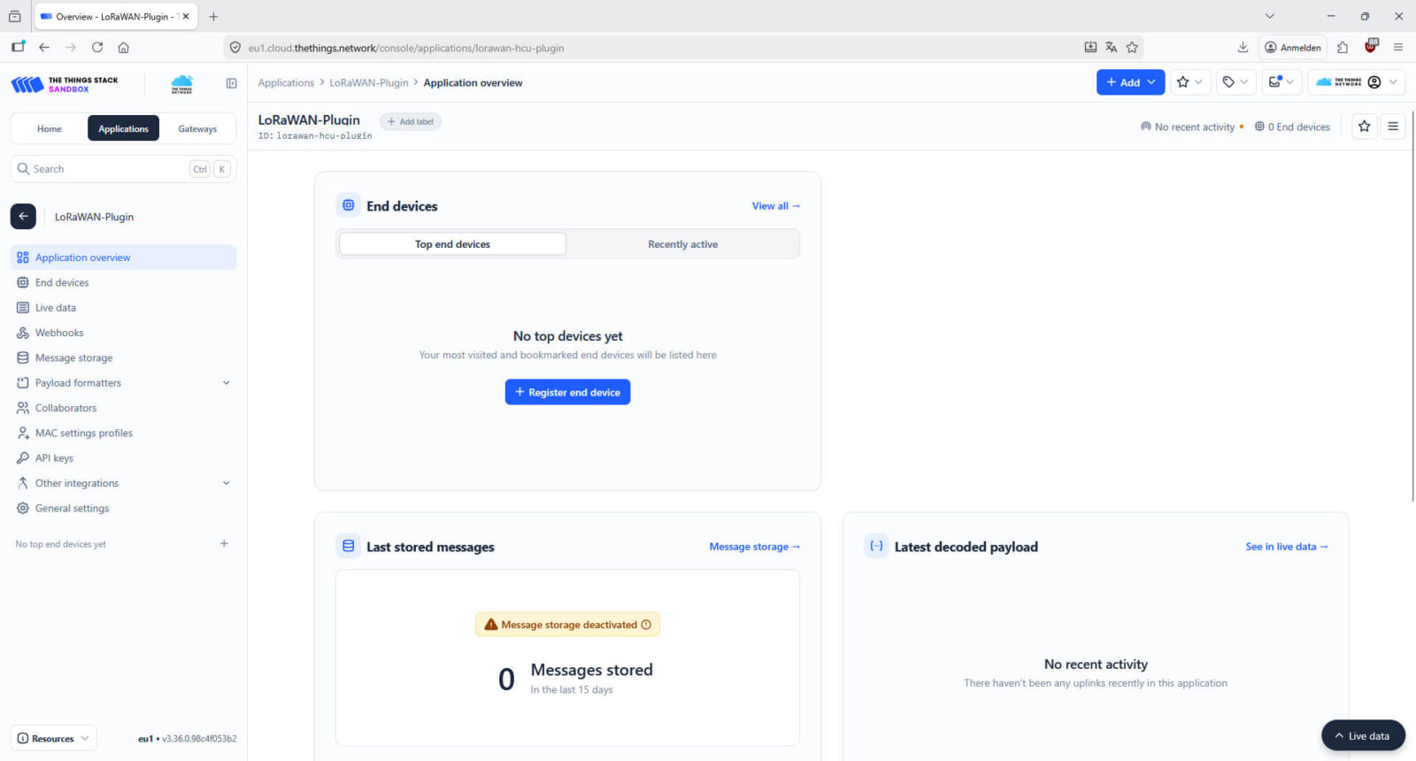 Bild 8: Der Application Identifier wird unterhalb des Applikationsnamen angezeigt - in diesem Fall "lorawan-hcu-plugin"