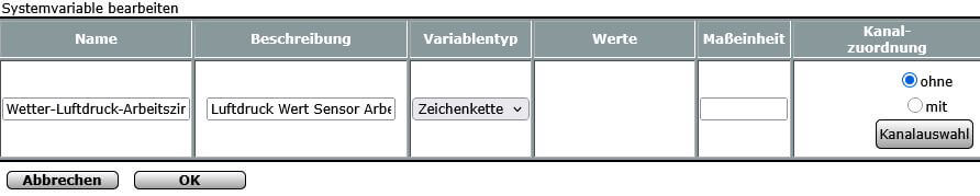 Bild 9: Anlegen einer Systemvariablen für den Luftdruck Wert