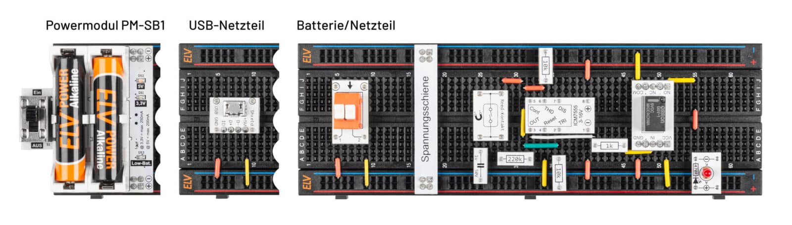 Bild 9: Aufbau auf einem Steckboard mit unterschiedlichen Varianten der Spannungsversorgung: Mittels Powermodul PM-SB1, per 5-V-USB-Steckernetzteil oder einer Klemmleiste zum Anschluss an ein Labornetzteil oder eine Batterie.